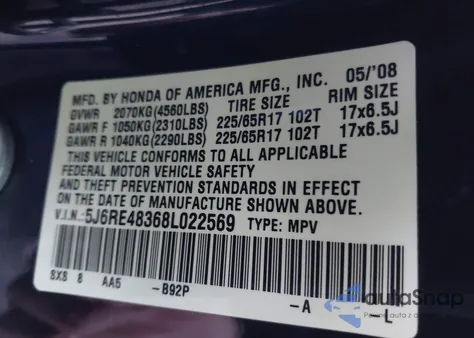 2008 Honda Cr-V Lx z USA, uszkodzony, nr VIN 5J6RE48368L022569